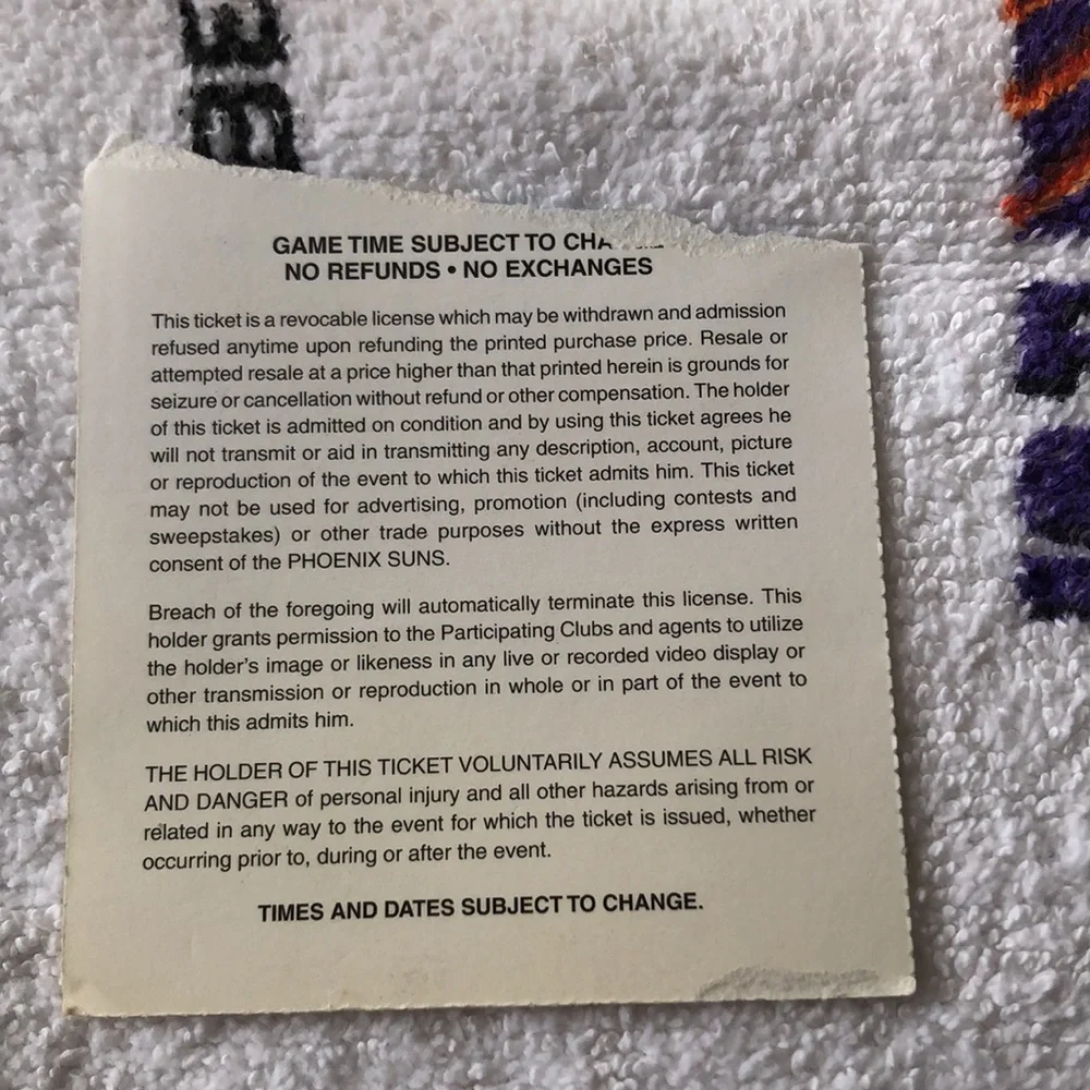 Phoenix suns towel, with Dec 4 1996 and Partial 1998 ticket stubs